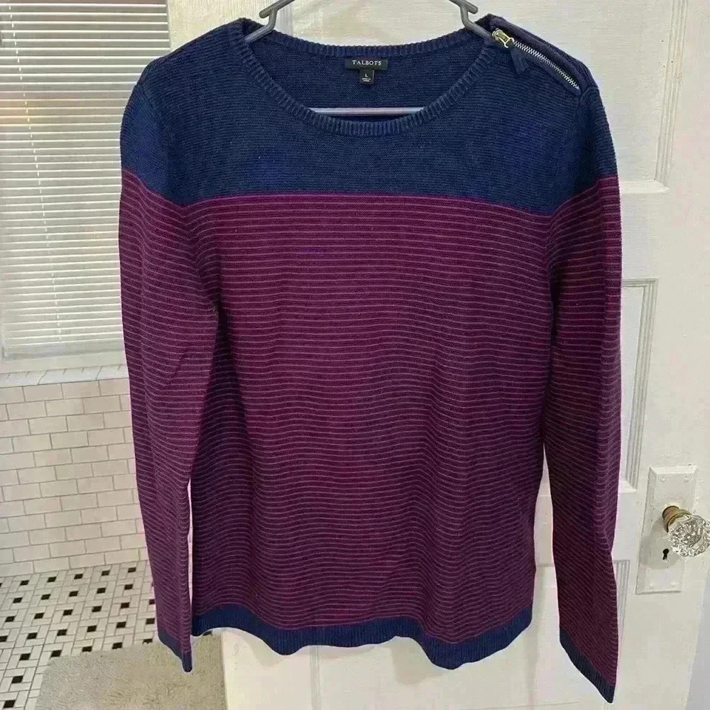 Talbot navy blue and red striped crewneck knit sweater preppy casual size L
